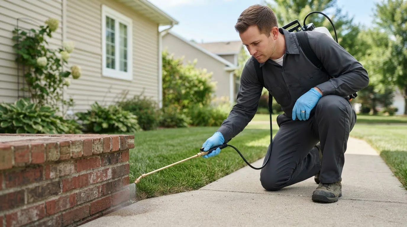 Pest control technician treating a home near Essex, CA